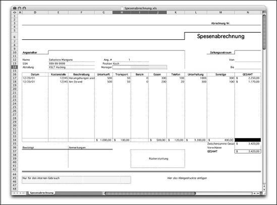 Tabellenblatt mit der Spesenabrechnung