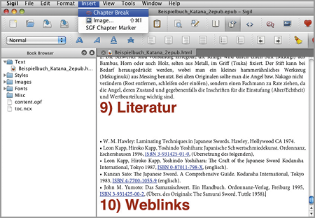 Via »Insert → Chapter Break« kann Sigil sehr schnell Dokumente aufteilen