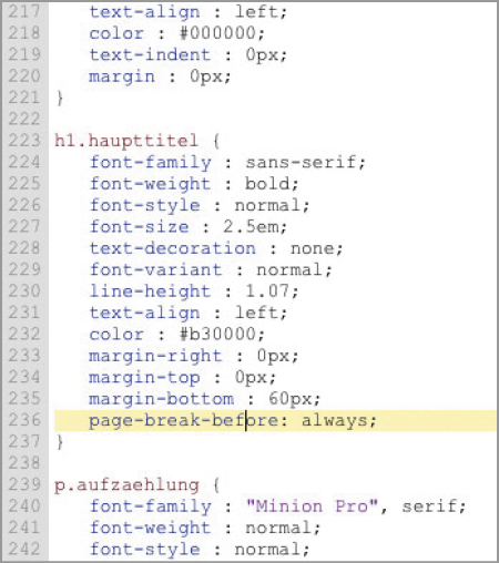 CSS-Datei: hier wird vor dem Haupttitel h1 jeweils umbrochen