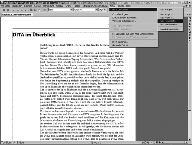 Das DITA-Menü in FrameMaker