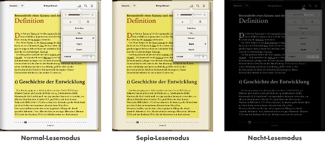 Normal-, Sepia- und Nacht-Lesemodus in iBooks