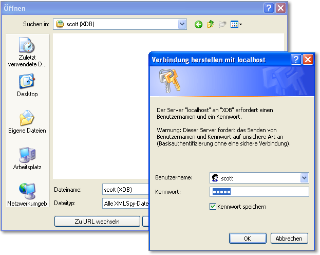 »Öffnen«-Dialog in XMLSpy gegen die XDB