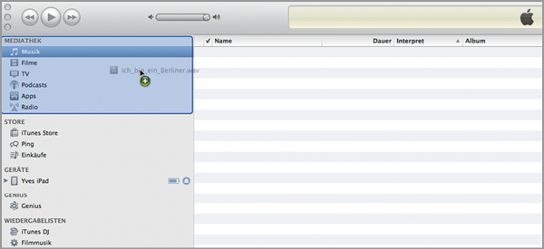 Audio-Datei in iTunes-Mediathek ziehen