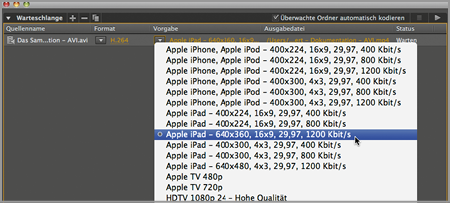 Vorgabe → Apple iPad – 640 × 360, 16 × 9, ...