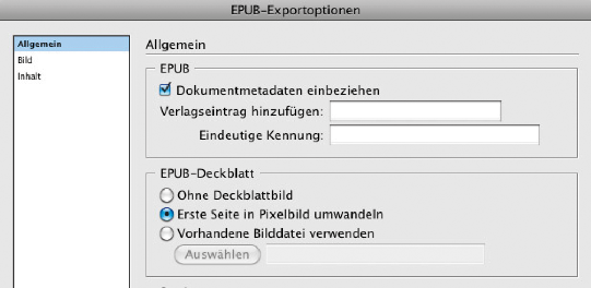 Buchsteg: EPUB-Exportoptionen → Allgemein