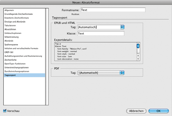 beim Tagsexport sehen Sie eine Vorschau der CSS-Klasse