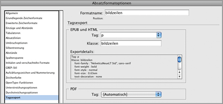 Absatzformatoptionen - Tagsexport: Tagname und Klassenname angeben