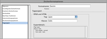 Zeichenformatoptionen - Tagsexport: Tagname und Klassenname angeben