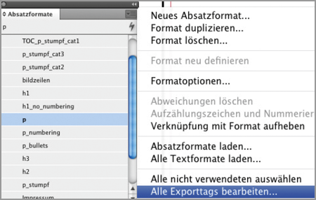 Absatzformate - Alle Exporttags bearbeiten