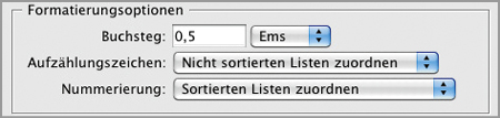 ePub-Exportoptionen: Formatierungsoptionen für Aufzählungen und Nummerierungen