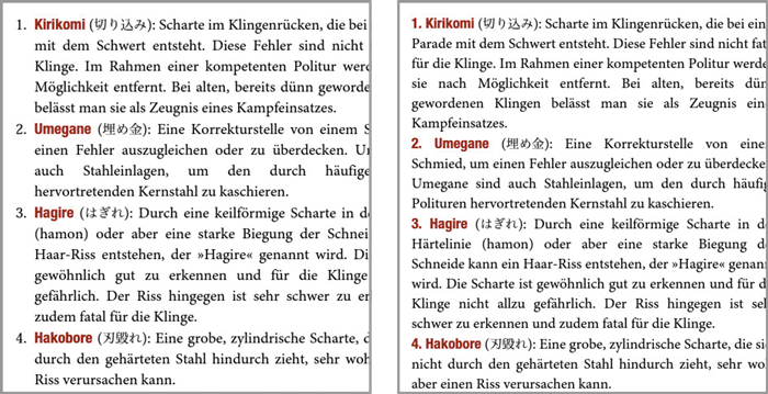 Aufzählungen, einmal zu Listen exportiert (links) und einmal mit der Option »In Text umwandeln« (rechts)