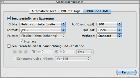 Covereinstellungen unter Objektexportoptionen