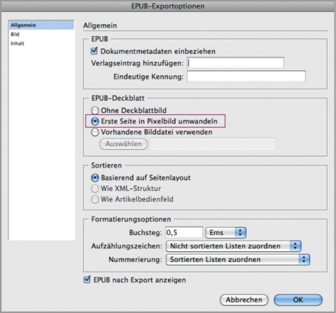Covereinstellungen unter EPUB-Exportoptionen