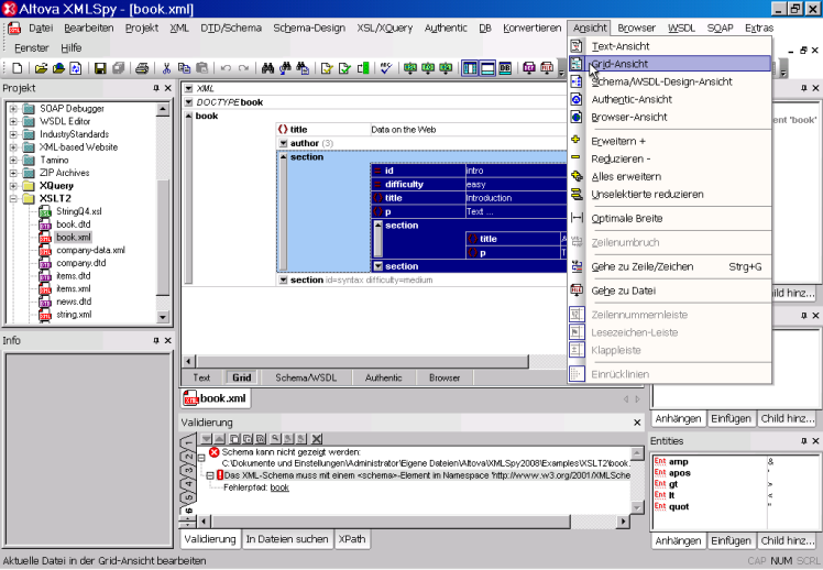 XMLSpy 2008 – Arbeitsbereich (Grid view)