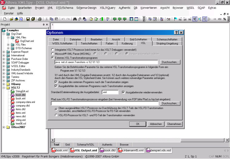 XMLSpy 2008 – externer XSLT-Prozessor: Konfiguration