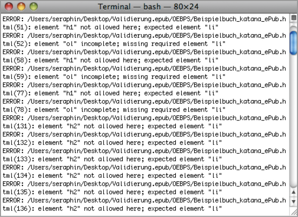 Resultat der ePub-Validierung im Terminal