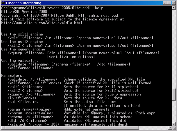 AltovaXML über die Kommandozeile mit Option -help