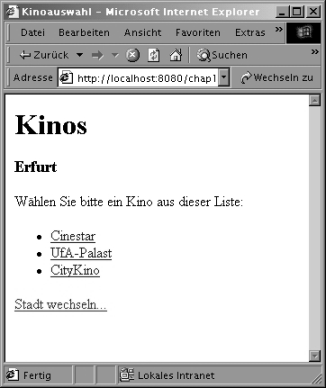 Ausgabe der Kinoliste - Webbrowser