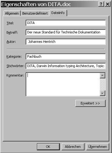 Meta-Daten zu einem Word-Dokument