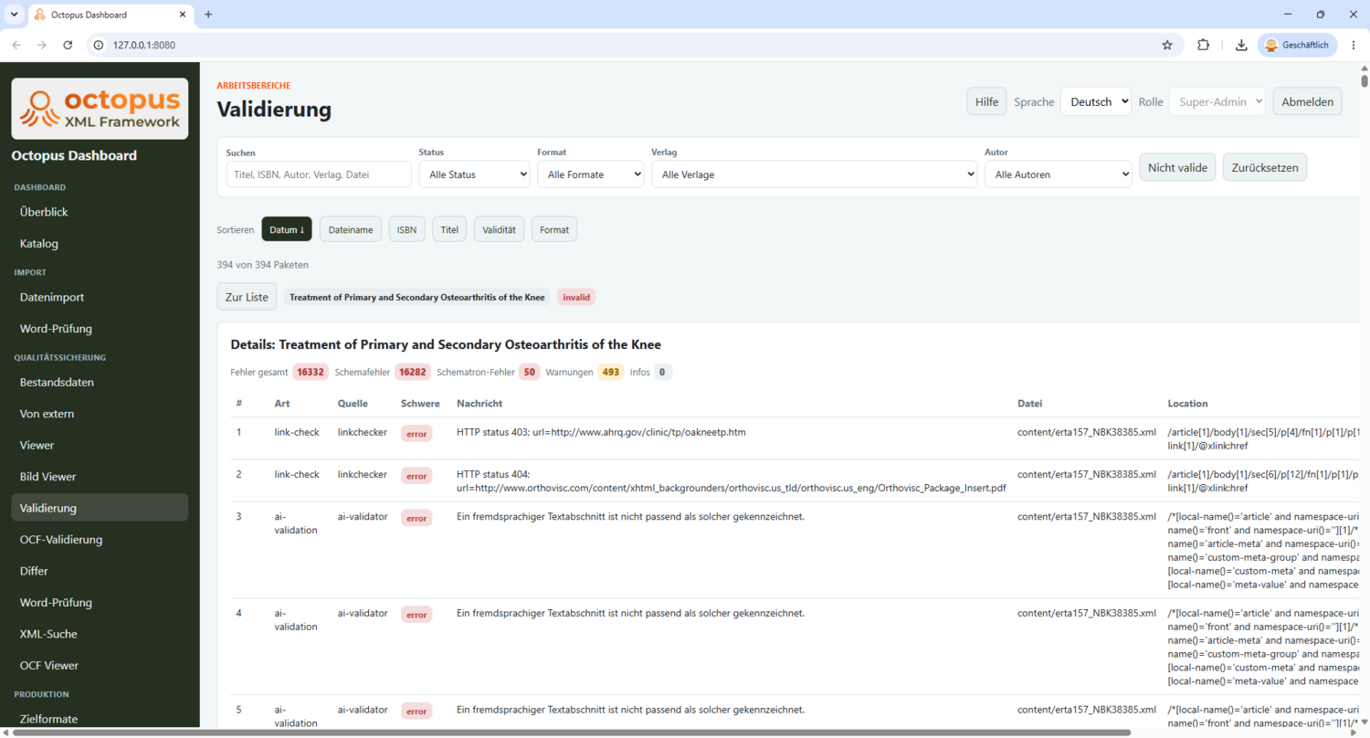 Octopus Dashboard: Detail-Ansicht einer Validierung mit Fehlermeldung und Fundstelle