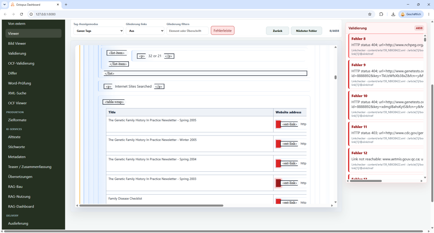Octopus Dashboard: Viewer-Ansicht der Validierungs- und Prüffehler mit Anzeige ganzer XML-Tags