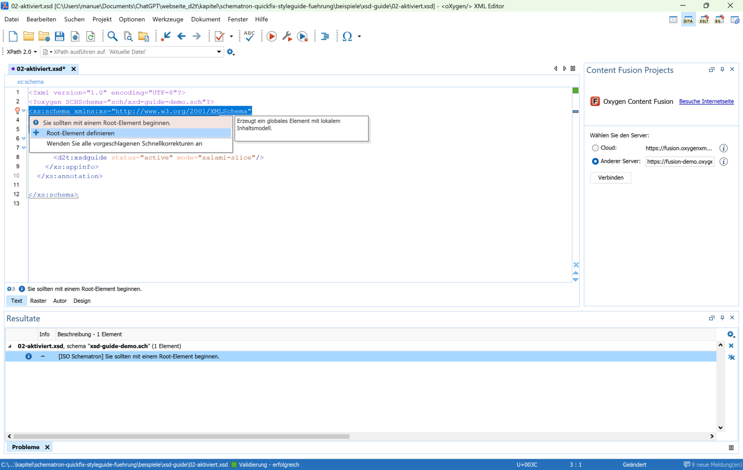 Definition des Root-Elements im Oxygen XML Editor Definition des Root-Elements im Oxygen XML Editor