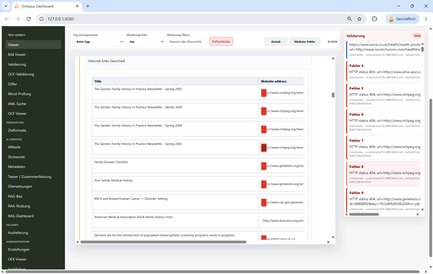 Octopus-Dashboard mit Dokumentviewer links und Validierungsfehlerliste rechts