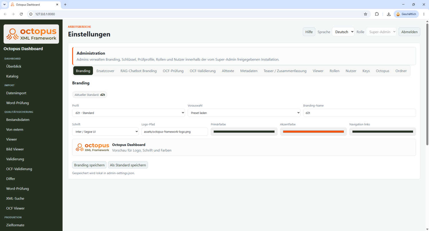 Einstellungen für Branding, KI-Funktionen, Prüfungen und Nutzer im Octopus Dashboard