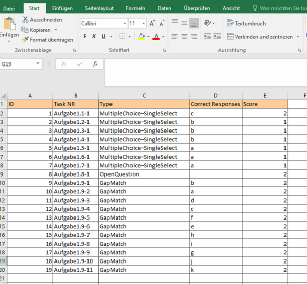 Abb. 27: Beispiel eines Lösungsschlüssels in Excel