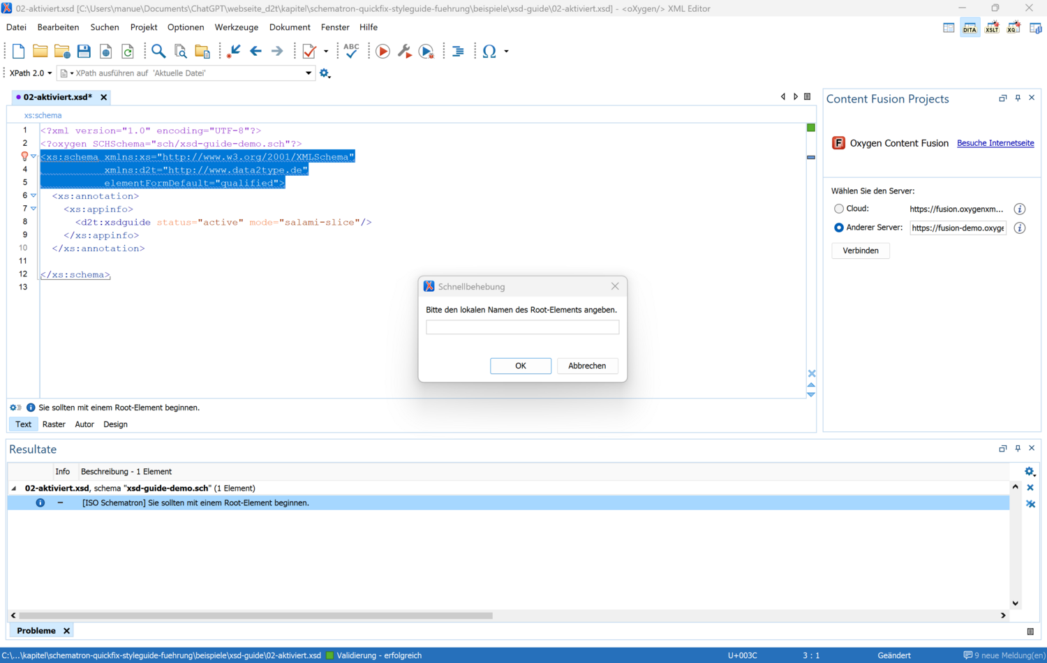 Root-Dialog im Oxygen XML Editor Root-Dialog im Oxygen XML Editor