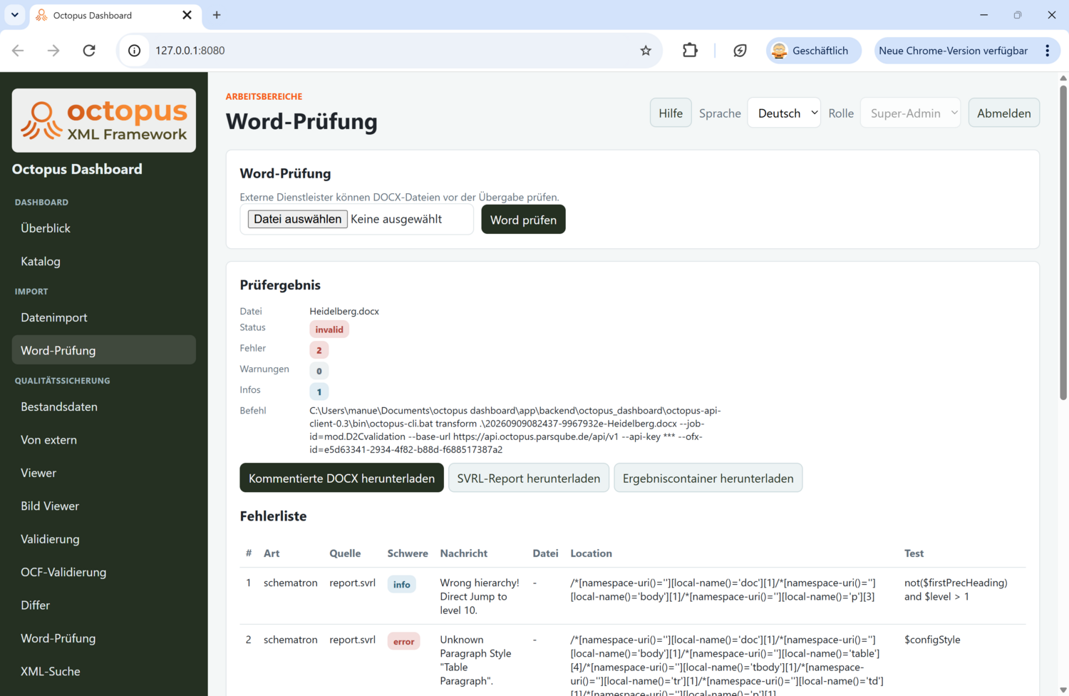 Arbeitsbereich Word-Prüfung im Octopus Dashboard