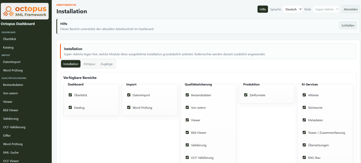 Installations-Einstellungen vom Super-Admin im Octopus Dashboard