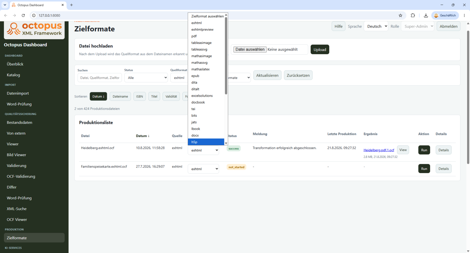 Produktion von Ausgabeformaten im Octopus Dashboard