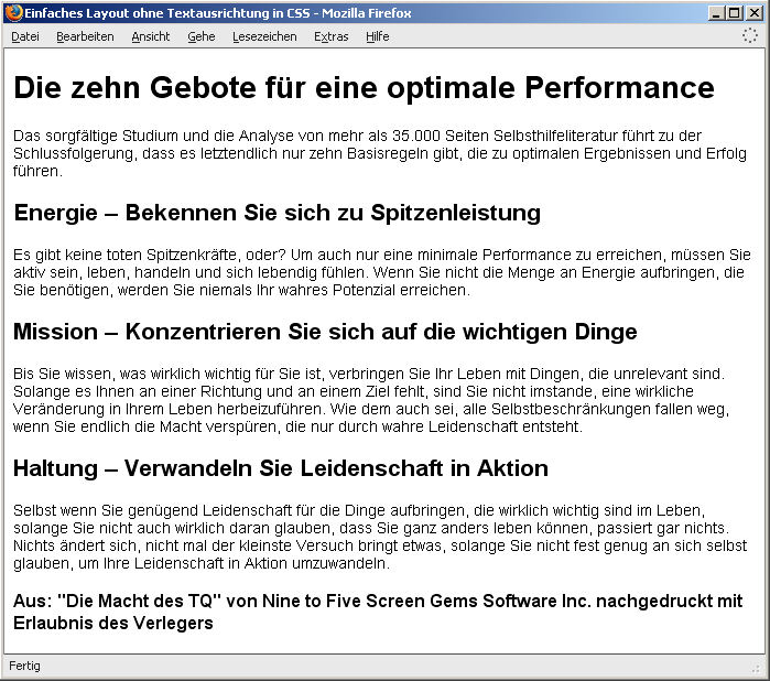 Einfaches Seitenlayout ohne Stilregel für die Textausrichtung
