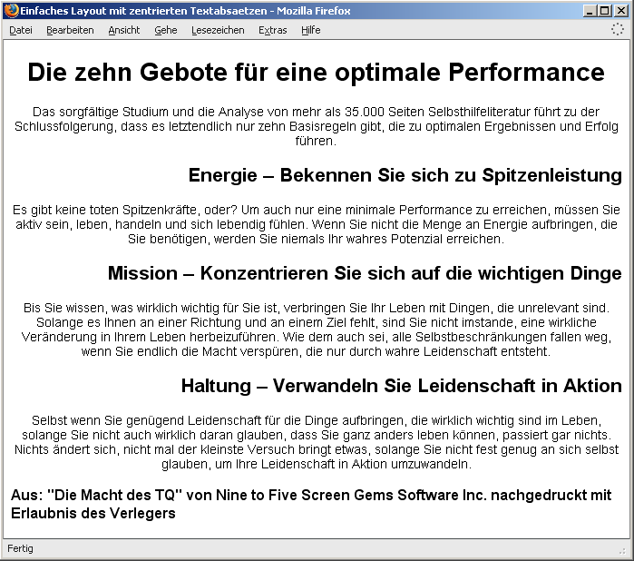 Einfaches Seitenlayout mit zentrierten Textabsätzen