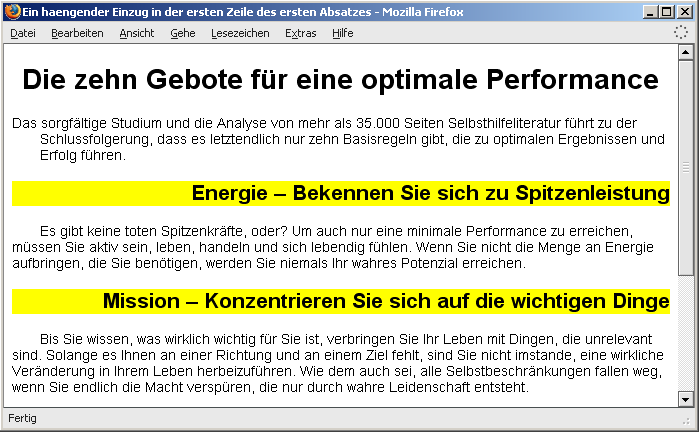 hängender Einzug in der ersten Zeile des ersten Absatzes