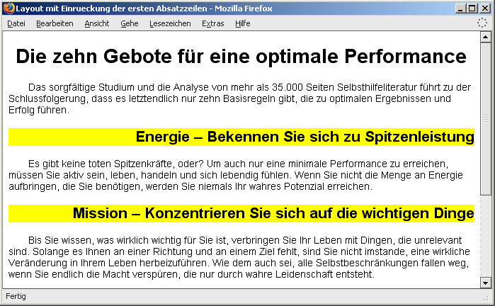 Seitenlayout mit Einrückung der ersten Absatzzeilen