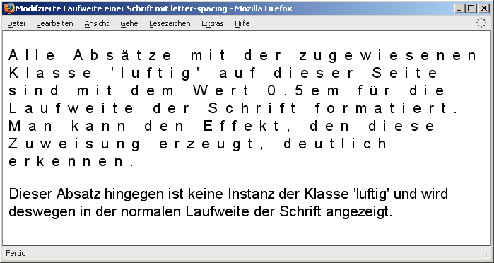 Modifizierte Laufweite einer Schrift mit letter-spacing