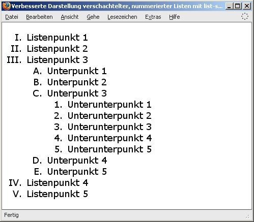 Verbesserte Darstellung verschachtelter nummerierter Listen mit list-style-type