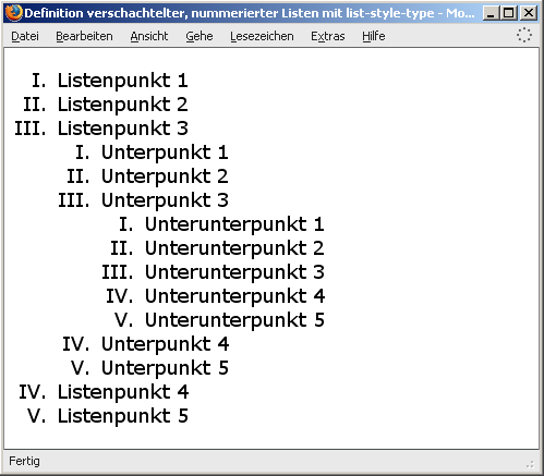 Verschachtelte, nummerierte Liste mit list-style-type-Wert upper-roman