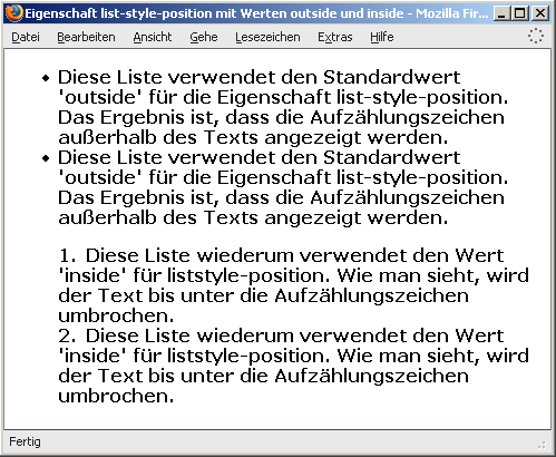 Eigenschaft list-style-position mit Werten outside und inside