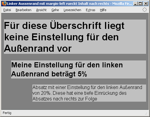 Der linke Außenrand mit margin-left rückt den Inhalt nach rechts