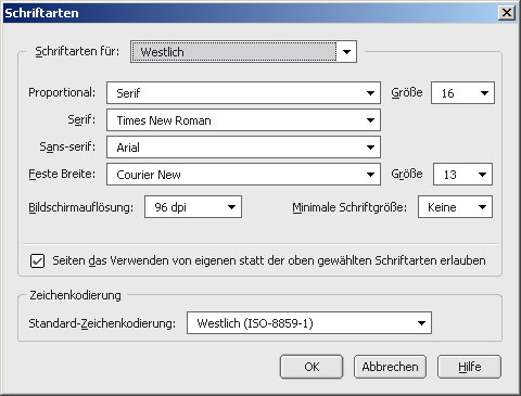 Firefox-Browsermenü zum Ändern der Schrifteinstellungen