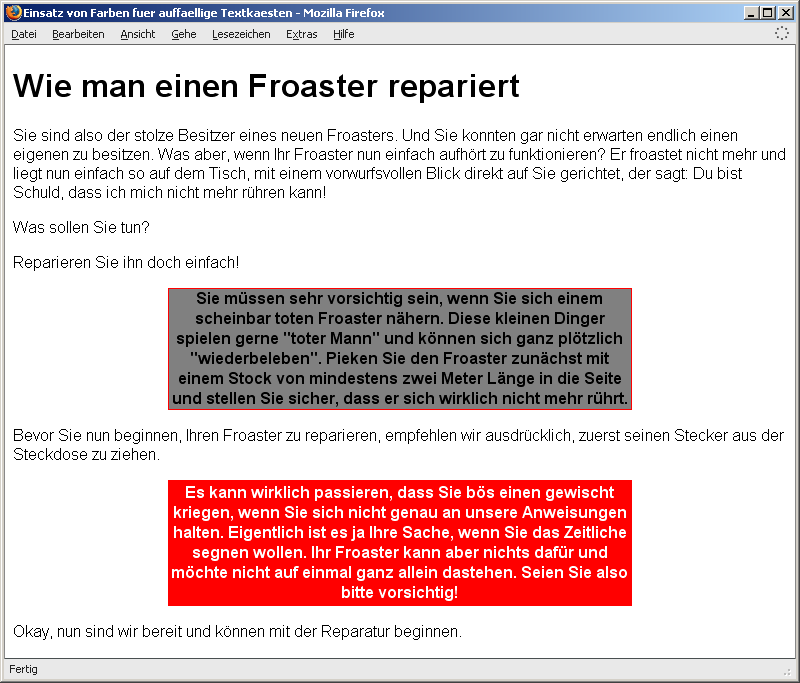 Einsatz von Farben für auffällige Textkästen