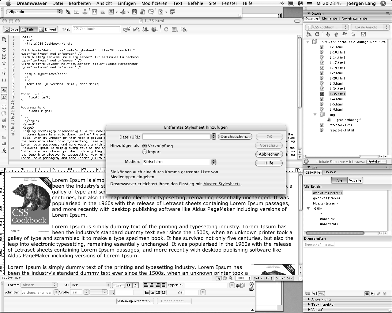 Verwendung von Dreamweavers CSS-Registerkarte zum Einbinden von externem Stylesheet