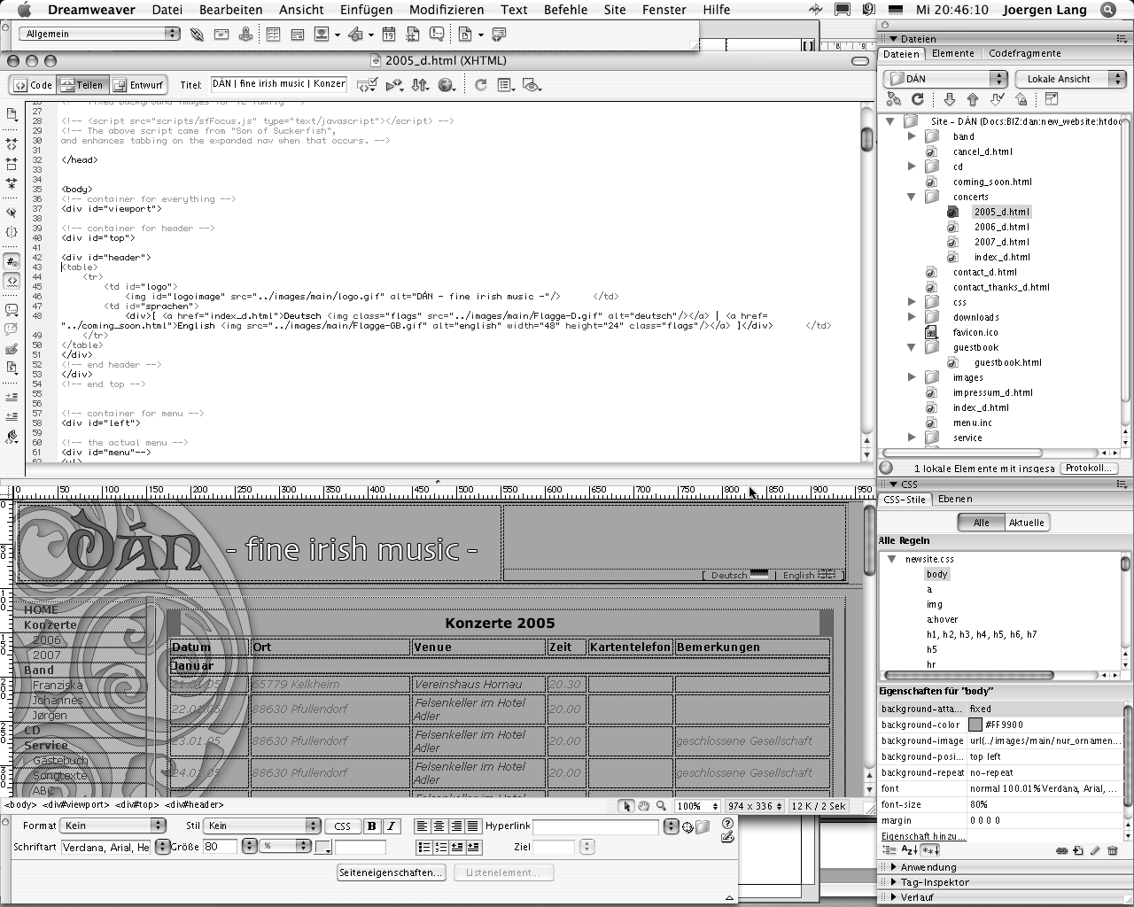 Ansicht der Stildefinitionen für gegenwärtiges Element in CSS-Registerkarte von Dreamweaver