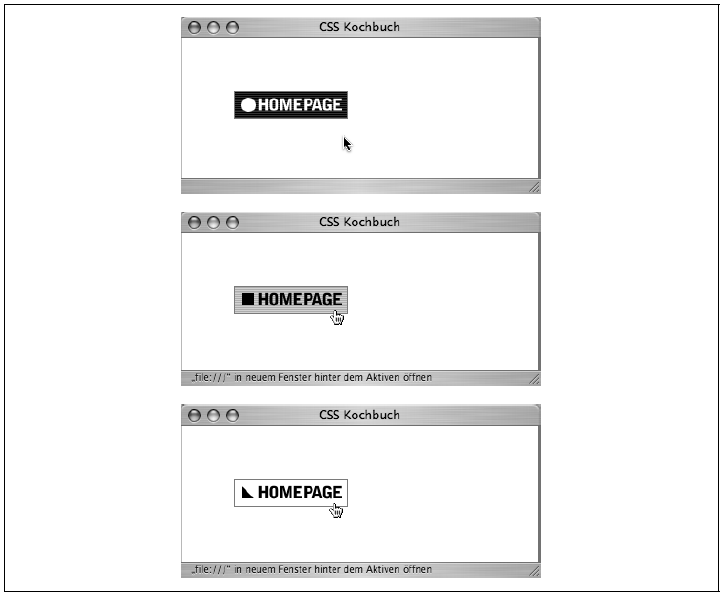 Grafische Link in verschiedenen Zuständen (Standarddarstellung, Mauszeiger über Link, Link aktiv)