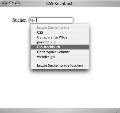 Gespeicherte Suchbegriffe werden unterhalb des Suchfelds angezeigt