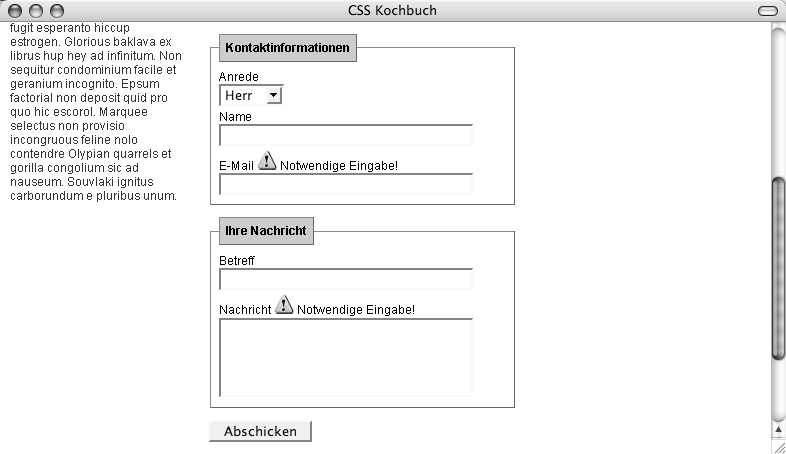 Icon und Text für benötigte Formularfelder werden angezeigt