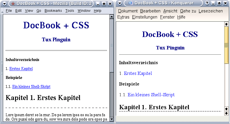 Formatierung von Buch- und Kapitel-Elementen (links Mozilla, rechts Konqueror)